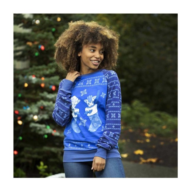 POPプリント 両アーム フロント トレーナー ブルー XL Vulpix Stocking Holiday Crew Neck Sweatshirt - Adult | Pokémon