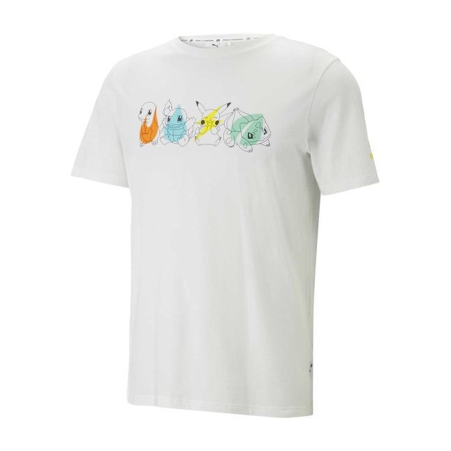 PUMA × Pokémon: Bulbasaur, Charmander, & Pikachu Puma White Jersey T-Shirt - Adult | Pokémon Center Official Site