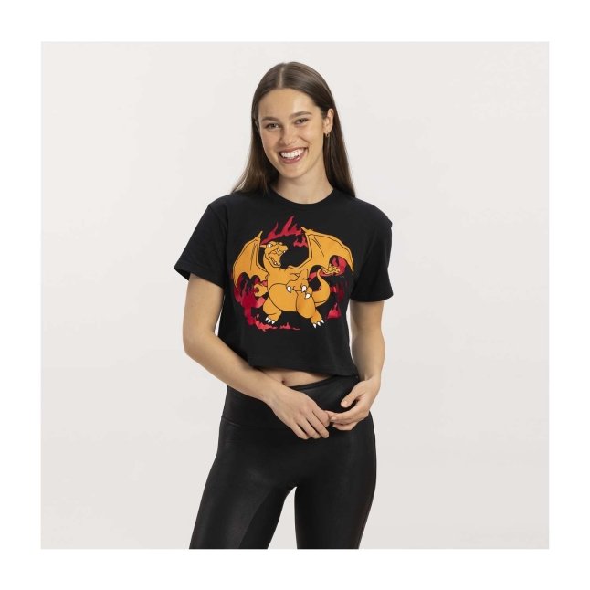 Charizard Black Relaxed Fit Crew Neck Crop T-Shirt - Women