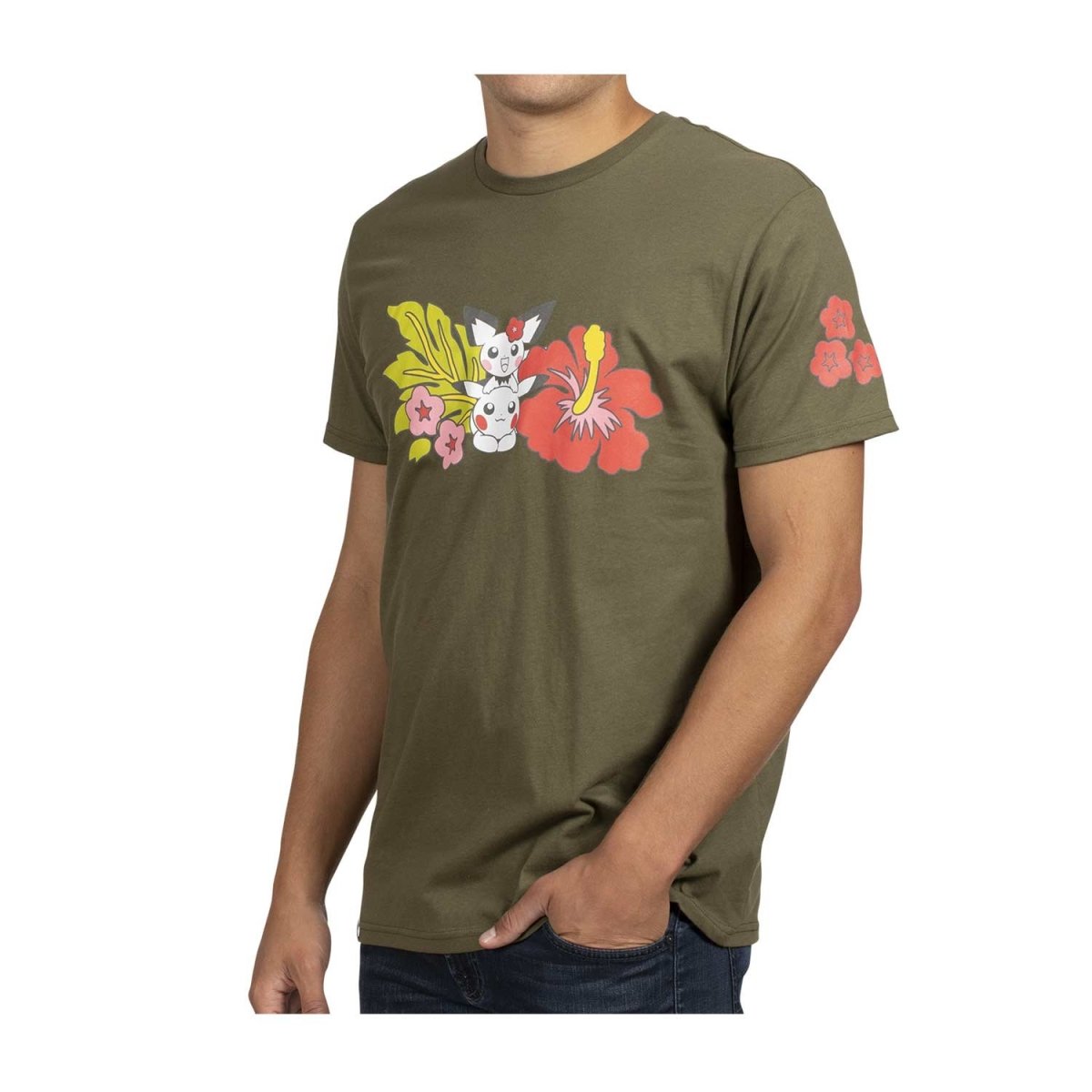 Pikachu & Pichu Military Green Relaxed Fit Crew Neck T-Shirt - Adult ...
