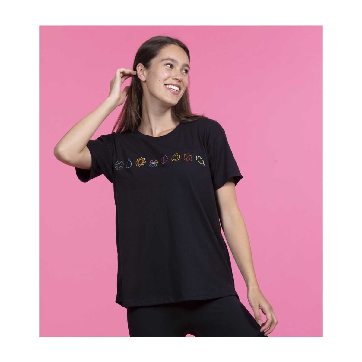 Kanto Gym Badge Black Relaxed Fit Crew Neck T-Shirt - Women