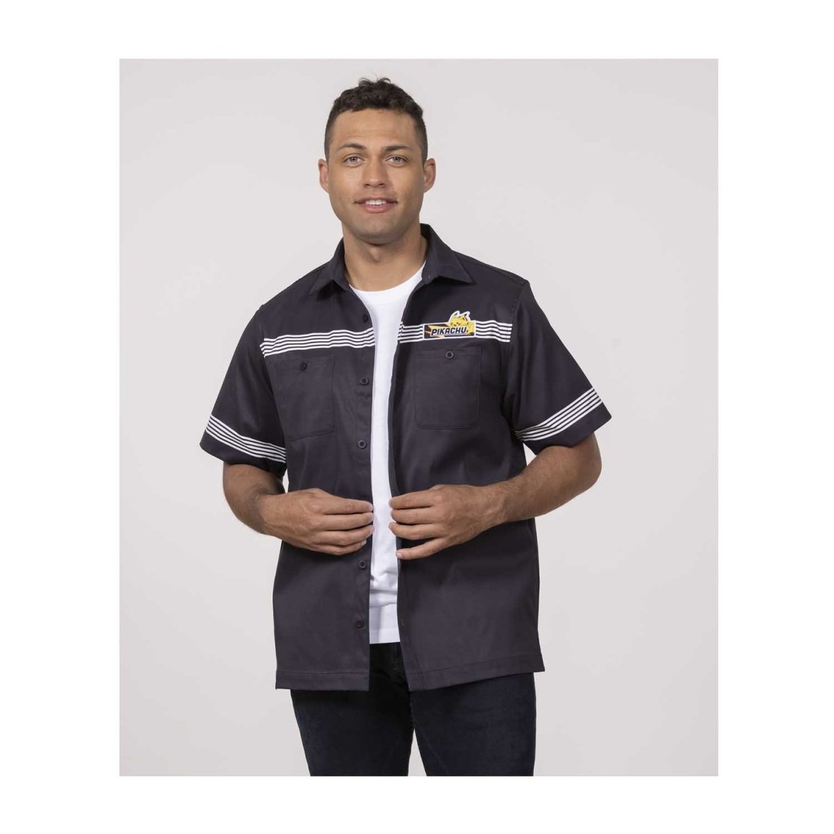Pikachu Racing Black Short-Sleeve Button-Up Shirt - Adult
