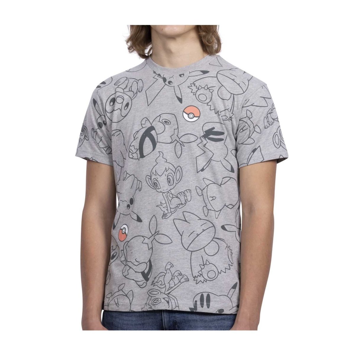 Sinnoh Friends Heather Gray Allover-Print Relaxed Fit Crew Neck T-Shirt -  Adult