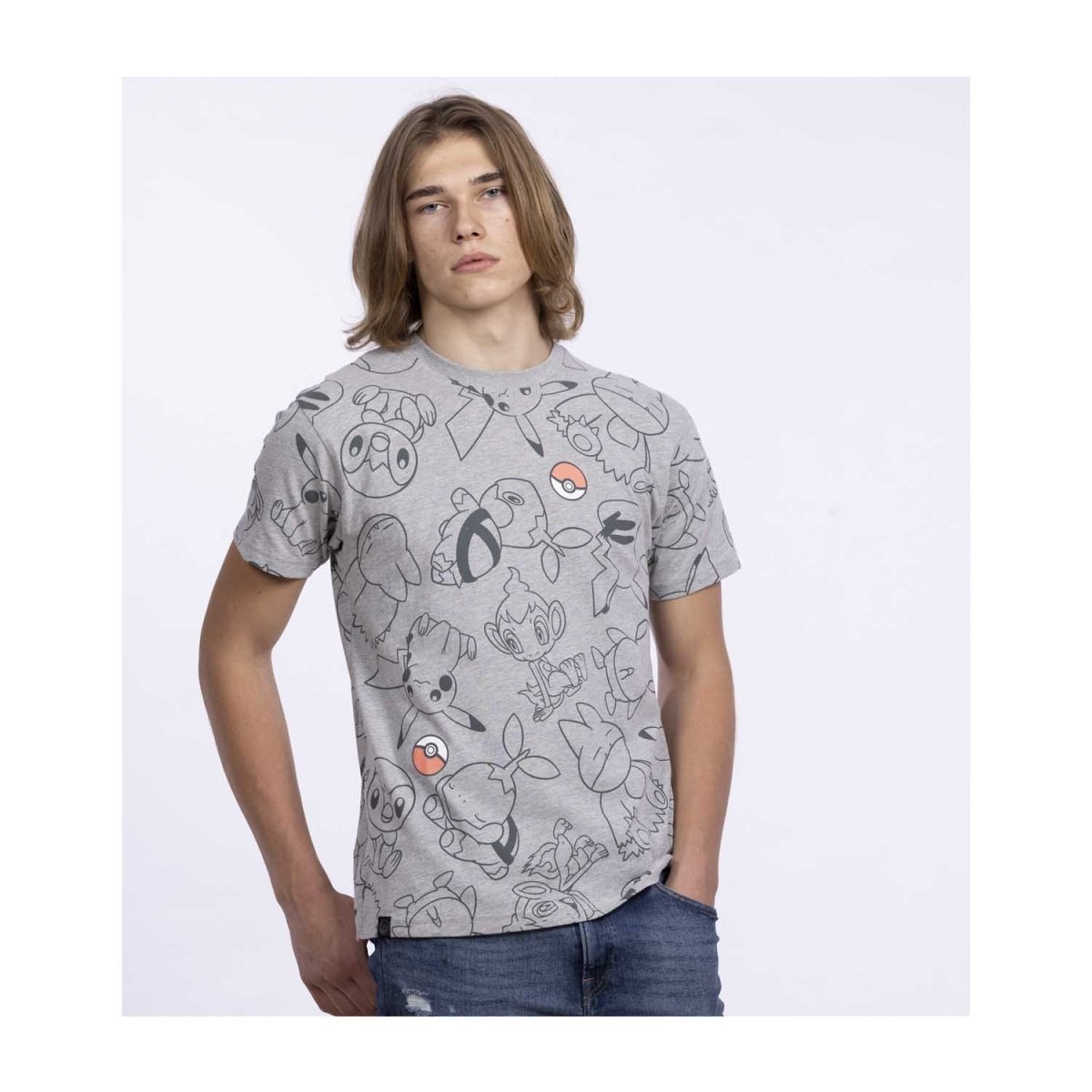 Sinnoh Friends Heather Gray Allover-Print Relaxed Fit Crew Neck T