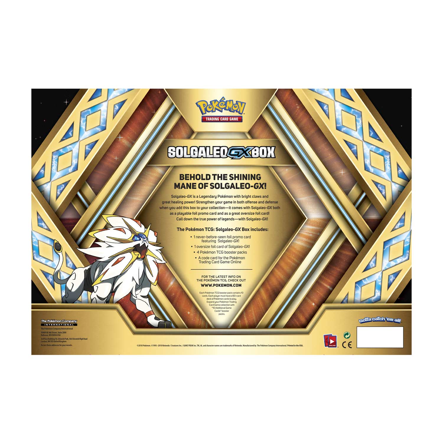 Solgaleo GX Collection Box Pokemon TCG  4 Booster Packs Promo Card 