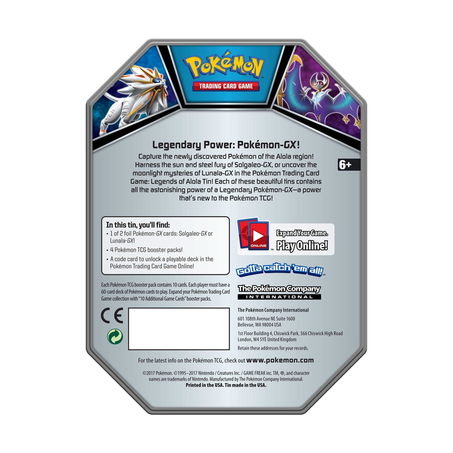 Pokémon Trading Card Game Legends Of Alola Tin With Lunala Gx